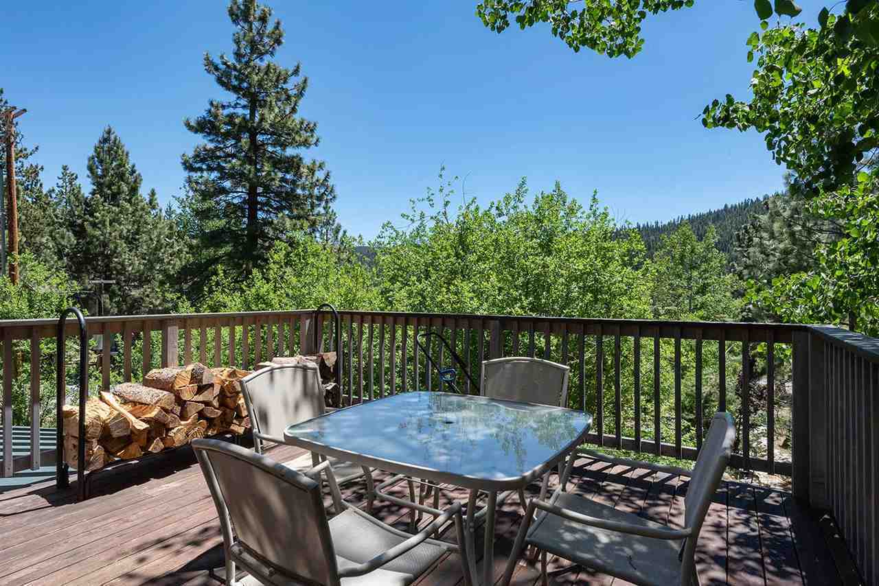 Summer deck view from the Olympic Valley cabin overlooking pine forest